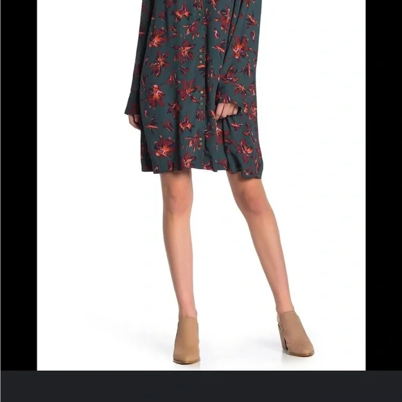 madewell floral shirt dress Madewell Button Up Shirt Dress Size S Floral Green Long Sleeve V-Neck